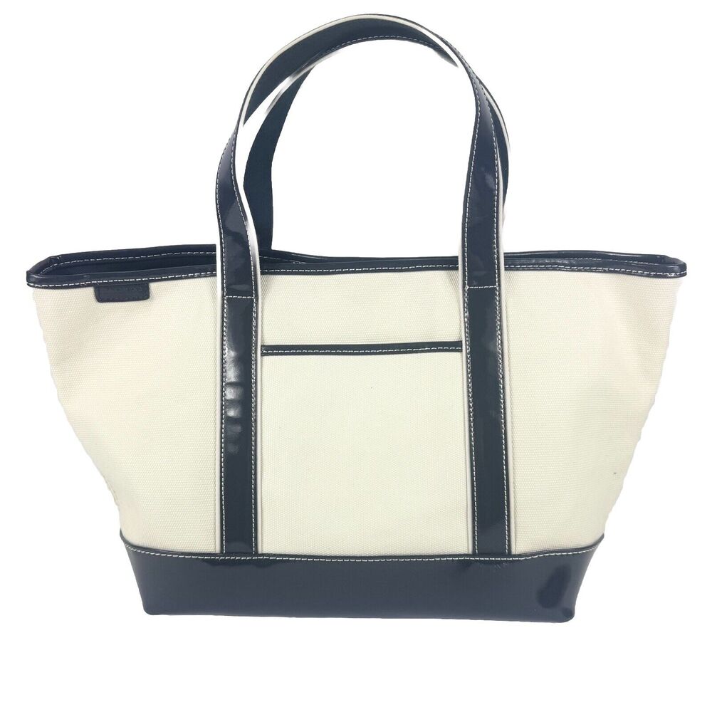 Lands End Tote Bag Canvas Leather Book Double Handle 5 Pocket Blue Beige